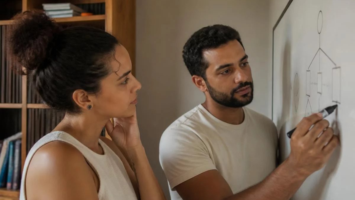 Duas participantes de pé diante do quadro branco, montando um argumento a caneta